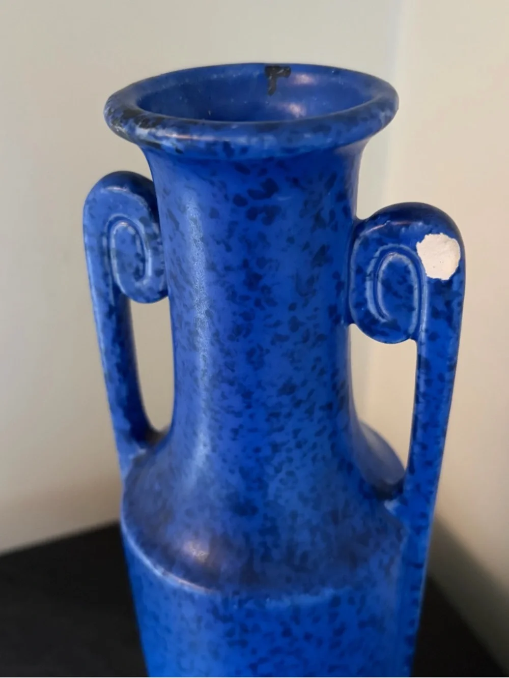 Vintage Czech Pottery Amphora Vase Mottled Cobalt Blue Glaze Scroll Handles MCM